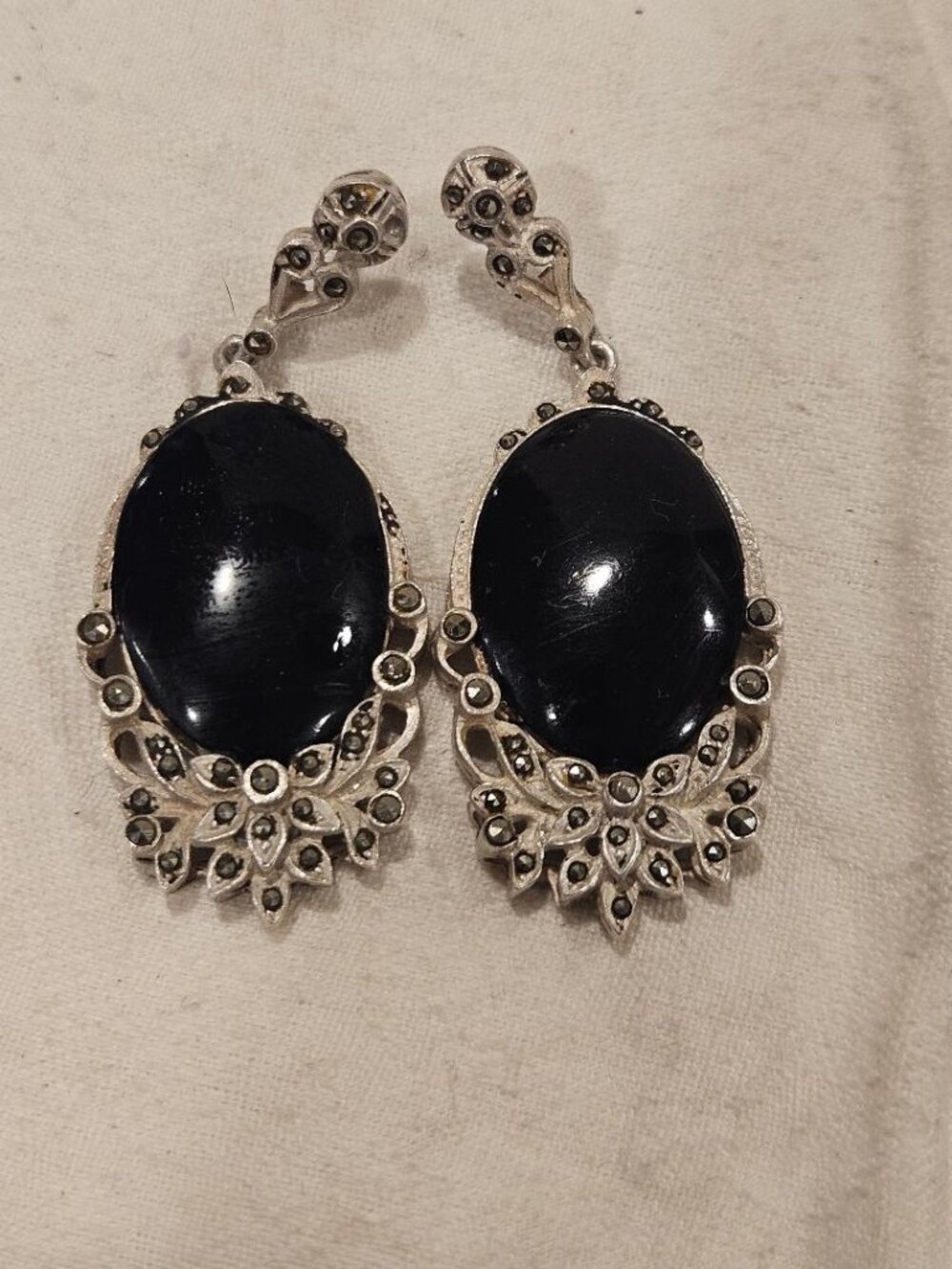 Heavy 16.9g Sterling Silver Black Onyx & Marcasite Drop Earrings